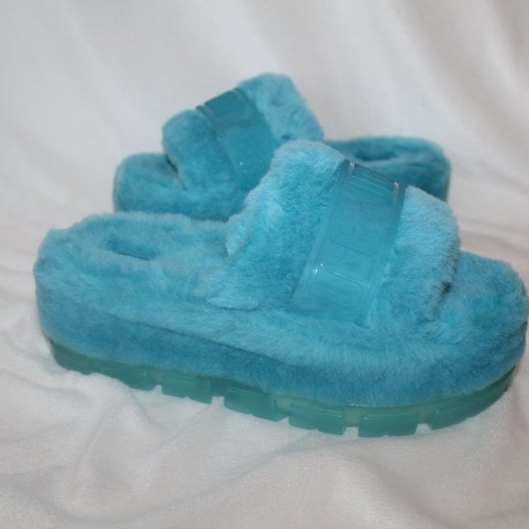 NIB UGG WOMEN'S FLUFFITA‎ SHEARLING PLATFORM SLIPPER SANDALS BLUE - Picture 1 of 7